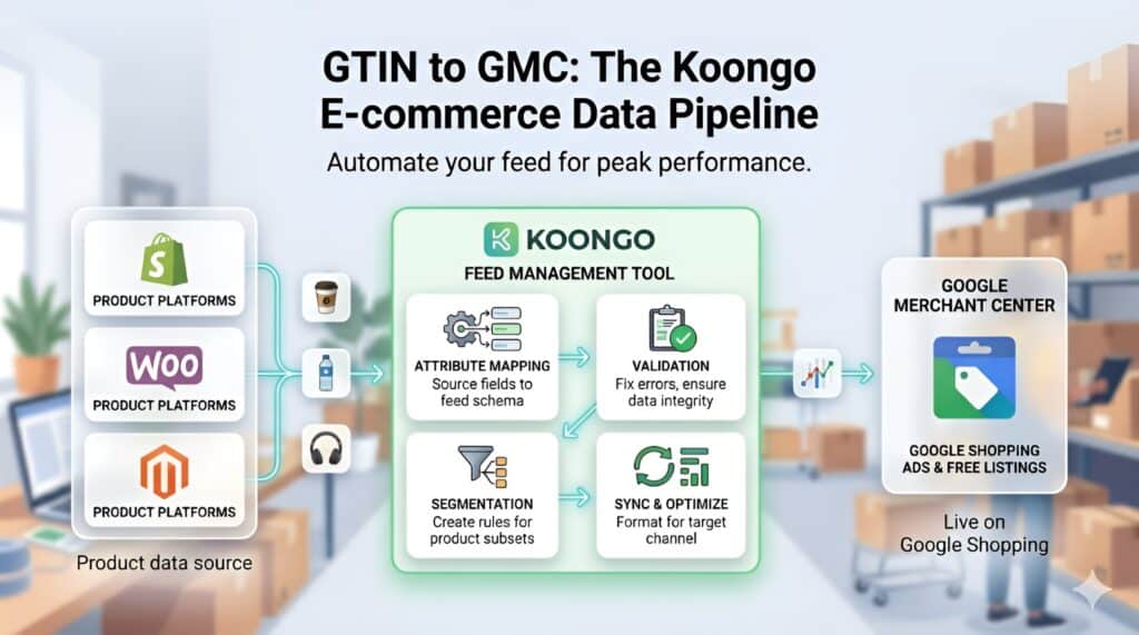 Koongo Feed-Management-Workflow, der Shopify-, WooCommerce- und Magento-Produktdaten mit dem Google Merchant Center für Google Shopping-Anzeigen und kostenlose Einträge verbindet. Das Diagramm zeigt den automatisierten E-Commerce-Feed-Optimierungsprozess einschließlich GTIN-Mapping, Produkt-Feed-Validierung, Segmentierung, Synchronisierung und Attributoptimierung zur Verbesserung der Google Shopping-Leistung und zur Vermeidung von Feed-Fehlern. 