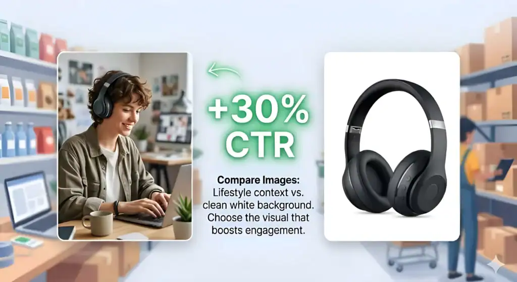 Vergleich von Lifestyle-Produktbildern mit Produktfotos auf sauberem weißem Hintergrund für die Google Shopping-Optimierung. Die Infografik zeigt, wie hochwertige Produktbilder die Klickrate (CTR) in der E-Commerce-Werbung um 30 % verbessern können. Zeigt Kopfhörer im Lifestyle-Kontext und ein isoliertes Studiobild für eine bessere Google Shopping-Feed-Leistung, Produktsichtbarkeit und Konversionsoptimierung.  