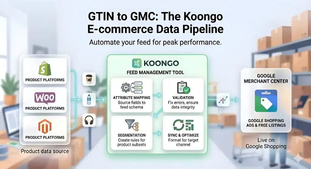 Koongo Feed-Management-Workflow, der Shopify-, WooCommerce- und Magento-Produktdaten mit dem Google Merchant Center für Google Shopping-Anzeigen und kostenlose Einträge verbindet. Das Diagramm zeigt den automatisierten E-Commerce-Feed-Optimierungsprozess einschließlich GTIN-Mapping, Produkt-Feed-Validierung, Segmentierung, Synchronisierung und Attributoptimierung zur Verbesserung der Google Shopping-Leistung und zur Vermeidung von Feed-Fehlern. 