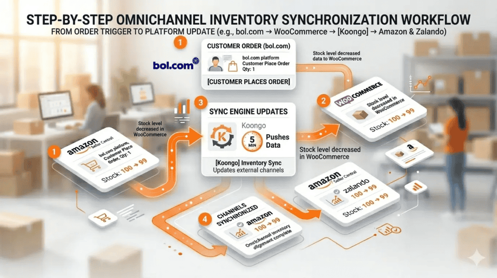 Omnichannel-Bestandssynchronisierungs-Workflow von Kundenbestellung bis automatische Bestandsaktualisierungen über Amazon, bol.com, WooCommerce und Zalando