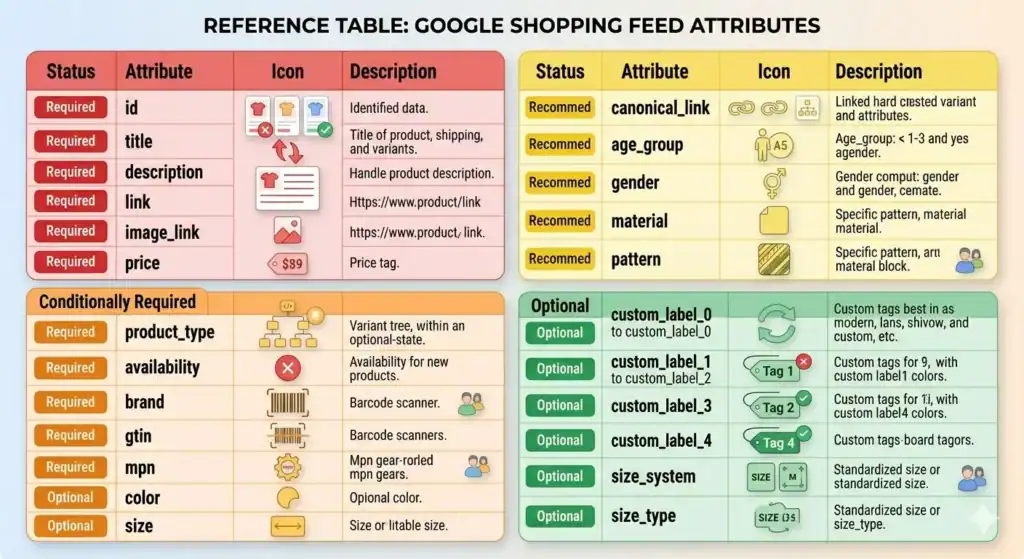 Referenztabelle der Google-Shopping-Feed-Attribute mit Pflichtfeldern, bedingt erforderlichen, empfohlenen und optionalen Feldern wie title, description, GTIN, brand, availability, custom labels und size-Attributen – mit Icons und Beschreibungen für jeden Attributtyp.