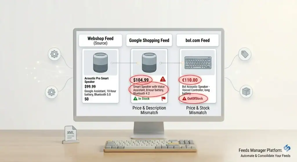 Illustration eines Multi-Channel-Produkt-Feeds, die fehlerhafte Produktdaten zwischen einem Webshop-Quell-Feed, einem Google Shopping-Feed und einem bol.com-Feed zeigt; Hervorhebung von Preisinkonsistenzen, Bestandsabweichungen und Synchronisierungsfehlern im Produkt-Feed über E-Commerce-Plattformen hinweg.