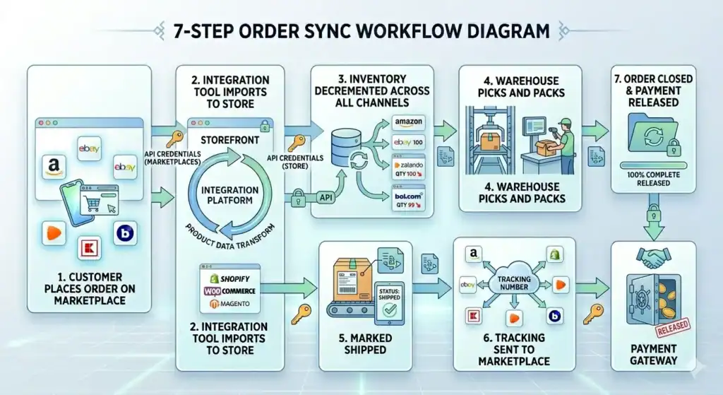 Diagramm des 7-stufigen Workflows zur Bestellsynchronisierung, das zeigt, wie Marktplatzbestellungen über ein E-Commerce-Integrationssystem verarbeitet werden. Schritt 1 zeigt einen Kunden, der eine Bestellung auf Marktplätzen wie Amazon, eBay, Zalando, Kaufland und Bol.com aufgibt. Schritt 2 zeigt eine Integrationsplattform, die Bestellungen unter Verwendung von API-Zugangsdaten in Storefront-Systeme wie Shopify, WooCommerce und Magento importiert. Schritt 3 zeigt das Inventar, das automatisch über alle Verkaufskanäle hinweg aktualisiert wird. Schritt 4 veranschaulicht das Lagerpersonal beim Kommissionieren und Verpacken der Bestellung. Schritt 5 markiert die Bestellung als versendet. Schritt 6 sendet Tracking-Informationen zurück an die Marktplätze. Schritt 7 schließt die Bestellung ab und gibt die Zahlung über das Payment Gateway frei.       