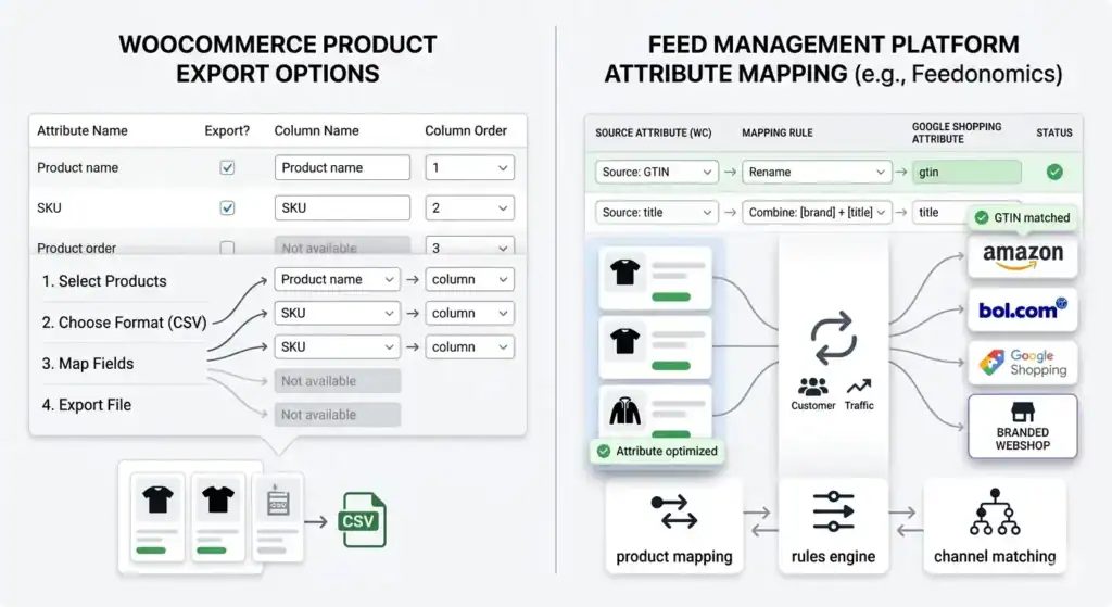 Side-by-side-Vergleich von WooCommerce-Produktexport-Optionen und einer Feed-Management-Plattform mit Attribut-Mapping-Interface, der zeigt, wie Produktdaten gemappt, optimiert und mit Google Shopping, Amazon, bol.com und Marken-Webshops synchronisiert werden.