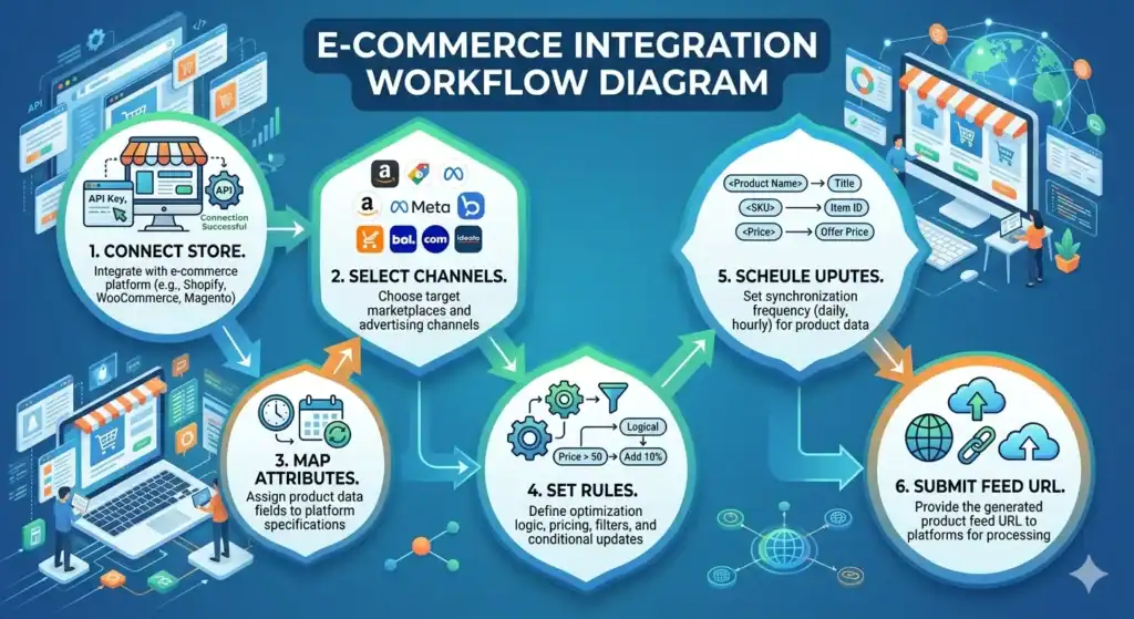 E-Commerce-Integrations-Workflow-Diagramm, das den vollständigen Produktfeed-Management-Prozess für Multichannel-Verkauf zeigt. Die Illustration erklärt, wie Shopify-, WooCommerce- und Magento-Shops sich mit Marktplätzen und Werbekanälen wie Amazon, Meta Ads, bol.com, Google Shopping und Idealo verbinden. Der Workflow umfasst Produktattribut-Mapping, Feed-Optimierungsregeln, Bestandssynchronisationsplanung, Produktdatentransformation, automatisierte Feed-Updates und Feed-URL-Übermittlung für Marktplatzintegration und Produktlistungsautomatisierung.  