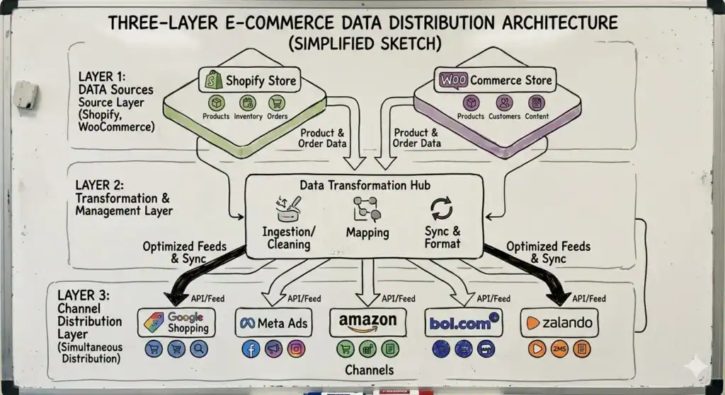 Diagramm einer dreischichtigen Architektur für die E-Commerce-Datenverteilung. Die erste Schicht besteht aus Datenquellen – Shopify Store und WooCommerce Store, die Produkte, Inventar, Bestellungen, Kunden und Inhalte enthalten. Die Daten fließen in die zweite Schicht, den Daten-Transformations-Hub, wo Datenerfassung, -bereinigung, -zuordnung und -synchronisierung stattfinden. Anschließend werden optimierte Feeds über APIs an die dritte Schicht von Kanälen verteilt, darunter Google Shopping, Meta Ads, Amazon, bol.com und Zalando. Das Diagramm veranschaulicht die zentralisierte Verwaltung und gleichzeitige Verteilung von E-Commerce-Daten über mehrere Plattformen.    
