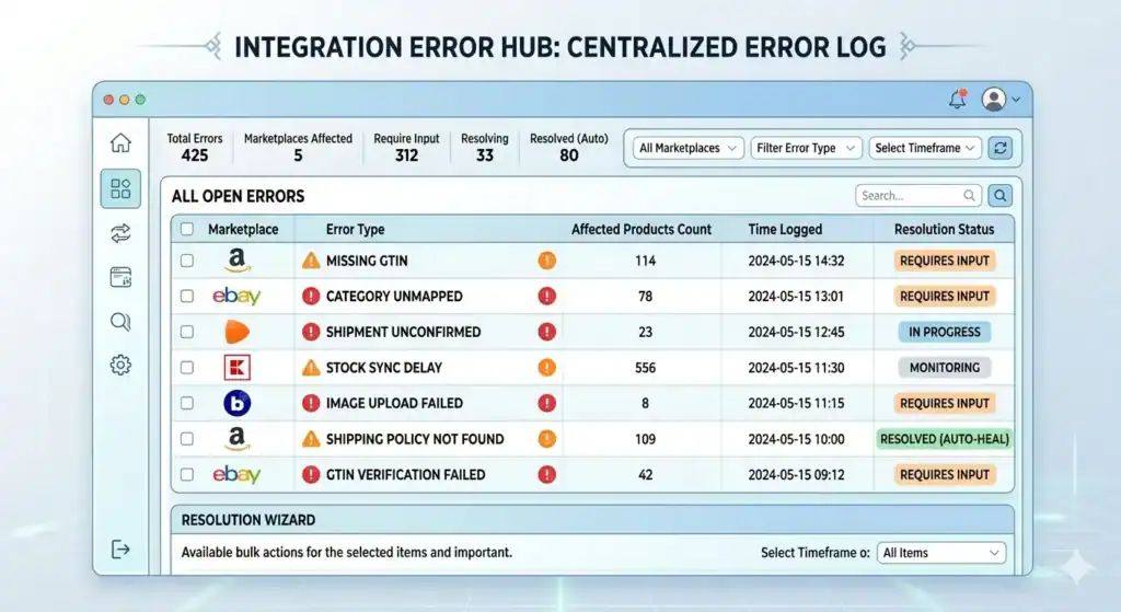 Dashboard-Oberfläche mit dem Titel „Integration Error Hub: Zentralisiertes Fehlerprotokoll“, die Probleme bei der Marktplatz-Integration über mehrere E-Commerce-Plattformen hinweg anzeigt. Der Bildschirm zeigt Fehlerstatistiken, einschließlich der Gesamtzahl der Fehler, der betroffenen Marktplätze und der Artikel, die eine Eingabe erfordern. Eine zentrale Tabelle listet offene Fehler von Amazon, eBay, Zalando, Kaufland und Bol.com auf, mit Problemen wie fehlender GTIN, nicht zugeordneter Kategorie, unbestätigtem Versand, Verzögerung bei der Bestandssynchronisierung, fehlgeschlagenem Bildupload und fehlgeschlagener GTIN-Verifizierung. Jede Zeile enthält die Anzahl der betroffenen Produkte, den Zeitstempel und den Lösungsstatus wie „Eingabe erforderlich“, „In Bearbeitung“, „Überwachung“ oder „Gelöst (Auto-Heal)“. Die Oberfläche umfasst außerdem Filter, eine Suchfunktion und einen Bereich für den Lösungsassistenten für Massenaktionen.    