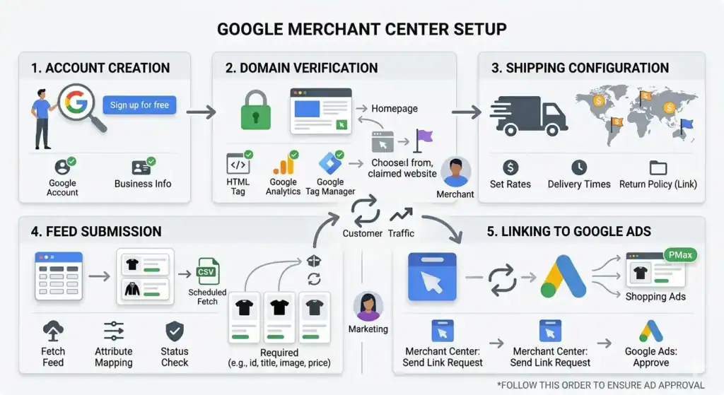 Schritt-für-Schritt-Diagramm zur Einrichtung von Google Merchant Center mit Kontoerstellung, Domain-Verifizierung, Versandkonfiguration, Feed-Übermittlung und Verknüpfung mit Google Ads für Shopping-Kampagnen und Performance-Max-Anzeigen.