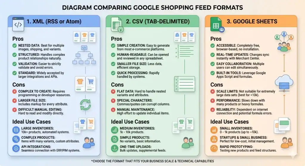 Infografik zum Vergleich der Google-Shopping-Feed-Formate: XML, CSV und Google Sheets, inklusive Vor- und Nachteilen sowie idealen Einsatzszenarien für unterschiedliche Shopgrößen und Automatisierungsanforderungen.