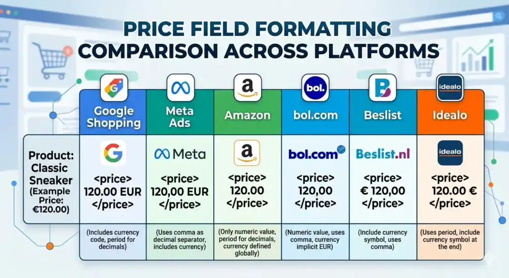 `Vergleichstabelle, die zeigt, wie Produktpreisfelder unterschiedlich über E-Commerce-Plattformen und Marktplätze hinweg formatiert werden müssen, einschließlich Google Shopping, Meta Ads, Amazon, bol.com, Beslist und Idealo. Das Diagramm erklärt Formatierungsregeln für Produktfeed-Preisattribute, XML-Preisstrukturunterschiede, Währungsformatierungsanforderungen, Dezimaltrennzeichen, Marktplatz-Feed-Spezifikationen und plattformübergreifendes Produktdaten-Mapping für Multichannel-E-Commerce-Feed-Management.` 
