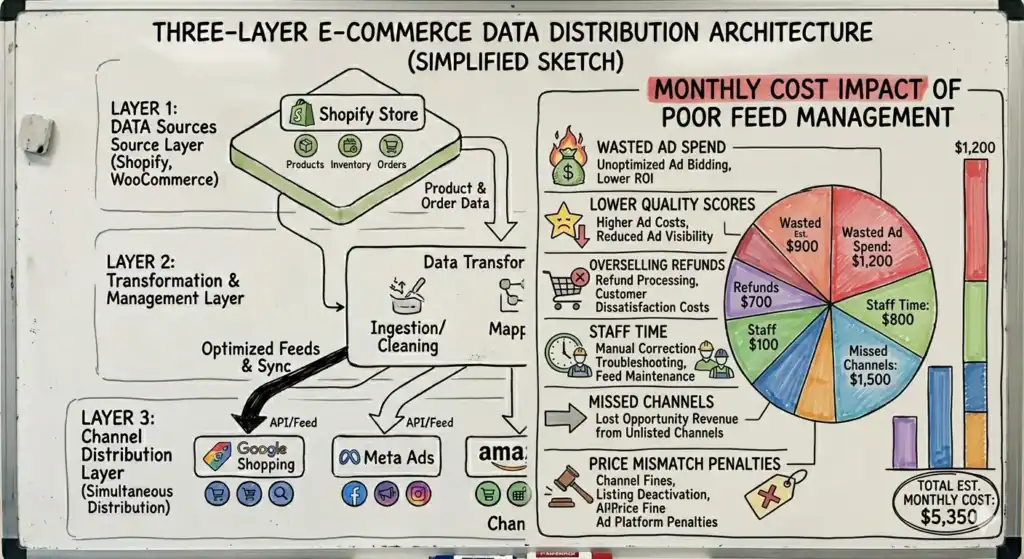Alternativtext:
Handgezeichnete Infografik mit dem Titel „Dreischichtige E-Commerce-Datenverteilungsarchitektur (vereinfachte Skizze)“ auf einem Whiteboard. Auf der linken Seite erklärt das Diagramm ein dreischichtiges System zur Verteilung von E-Commerce-Daten. Schicht 1 zeigt Datenquellen wie Shopify Store und WooCommerce, die Produkte, Inventar und Bestellungen enthalten. Pfeile führen zu Schicht 2, einem Bereich „Daten-Transformation“, in dem die Erfassung, Bereinigung, Zuordnung und Synchronisierung von Daten stattfinden. Optimierte Feeds werden dann über APIs an die Kanäle der Schicht 3 verteilt, darunter Google Shopping, Meta Ads und Amazon.    

Auf der rechten Seite veranschaulicht ein Abschnitt mit dem Titel „Monatliche Kosten durch schlechtes Feed-Management“ die Geschäftsverluste, die durch schlechtes Produkt-Feed-Management entstehen. Er listet Probleme wie verschwendete Werbeausgaben, niedrigere Qualitätswerte, Rückerstattungen bei Überverkäufen, Personalzeit, verpasste Vertriebskanäle und Strafen für Preisabweichungen auf. Ein farbenfrohes Torten- und Balkendiagramm visualisiert die geschätzten monatlichen Verluste, wobei die geschätzten Gesamtkosten pro Monat mit 5.350 $ angegeben sind.  
