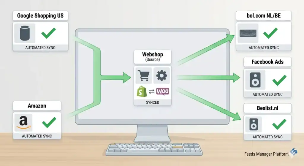 Diagramm zur automatisierten Multi-Channel-Produkt-Feed-Synchronisierung von einer Webshop-Quelle zu Google Shopping, Amazon, bol.com, Facebook Ads und Beslist.nl, mit zentralisierter Bestands- und Produktdatenverwaltung über mehrere E-Commerce-Plattformen hinweg.