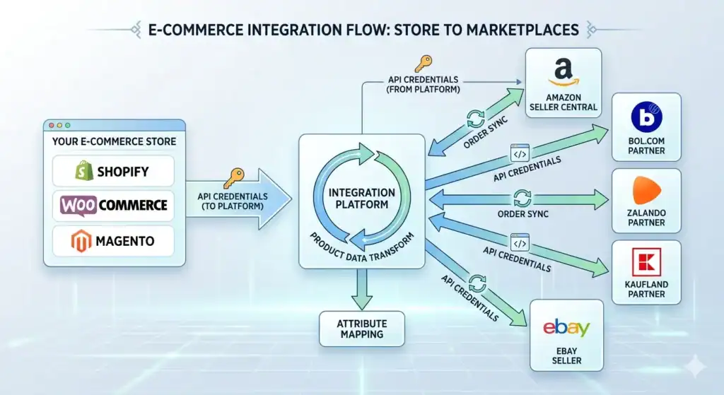 Diagramm zur Veranschaulichung des Integrationsflusses zwischen einem E-Commerce-Shop und mehreren Marktplatzplattformen. Auf der linken Seite sind Shopify, WooCommerce und Magento über API-Zugangsdaten mit einer zentralen Integrationsplattform verbunden. Die Plattform übernimmt die Produktdatentransformation, Bestellsynchronisierung und das Attribut-Mapping. Auf der rechten Seite befinden sich Amazon Seller Central, Bol.com Partner, Zalando Partner, Kaufland Partner und eBay Seller, die über API-Zugangsdaten und Bestellsynchronisierungsprozesse verbunden sind.   