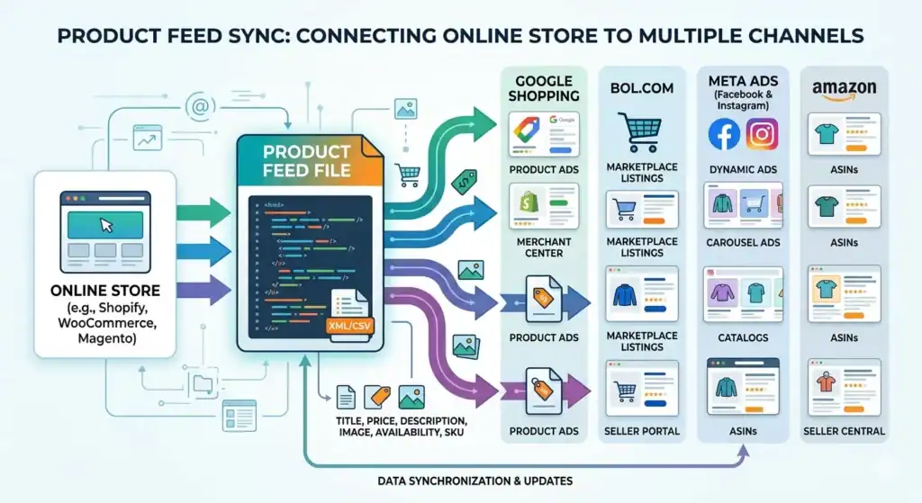 Detailliertes Produktfeed-Synchronisationsdiagramm, das zeigt, wie ein Online-Shop mit Shopify, WooCommerce oder Magento Produktdaten über XML- und CSV-Produktfeed-Dateien an mehrere Verkaufs- und Werbekanäle wie Google Shopping, Amazon, bol.com und Meta Ads sendet. Die Illustration erklärt Marketplace-Feed-Management, automatisierte Bestandssynchronisation, Produktdaten-Mapping, Merchant-Center-Integration, ASIN-Verwaltung, dynamische Anzeigen, Katalogsynchronisation und E-Commerce-Multichannel-Produktfeed-Updates in Echtzeit. 
