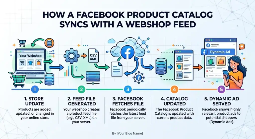 Synchronisierungsprozess des Facebook-Produktkatalogs, der zeigt, wie ein Webshop eine Produktfeed-Datei (CSV/XML) generiert, Facebook den Feed abruft, den Produktkatalog aktualisiert und dynamische Anzeigen mit aktuellen Produktdaten für Käufer schaltet.