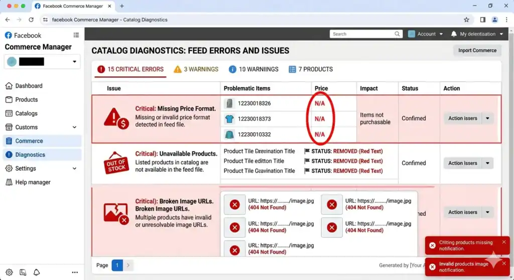 Screenshot der Facebook Commerce Manager Katalog-Diagnose, der häufige Produktfeed-Fehler zeigt, einschließlich fehlender Preisformate, nicht verfügbarer Produkte, fehlerhafter Bild-URLs und Katalogproblemen, die dynamische Facebook-Anzeigen beeinträchtigen.