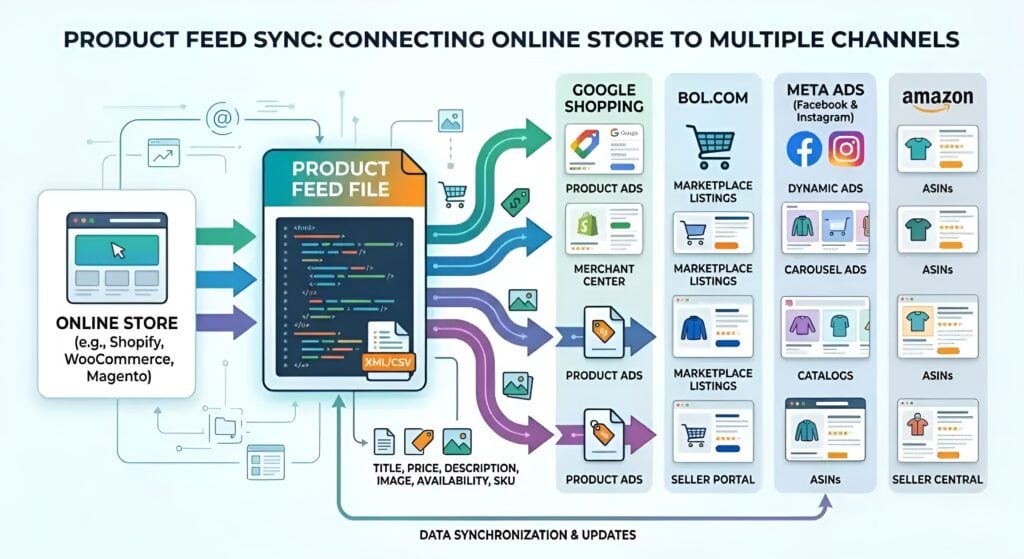 Detailliertes Produktfeed-Synchronisationsdiagramm, das zeigt, wie ein Online-Shop mit Shopify, WooCommerce oder Magento Produktdaten über XML- und CSV-Produktfeed-Dateien an mehrere Verkaufs- und Werbekanäle wie Google Shopping, Amazon, bol.com und Meta Ads sendet. Die Illustration erklärt Marketplace-Feed-Management, automatisierte Bestandssynchronisation, Produktdaten-Mapping, Merchant-Center-Integration, ASIN-Verwaltung, dynamische Anzeigen, Katalogsynchronisation und E-Commerce-Multichannel-Produktfeed-Updates in Echtzeit. 