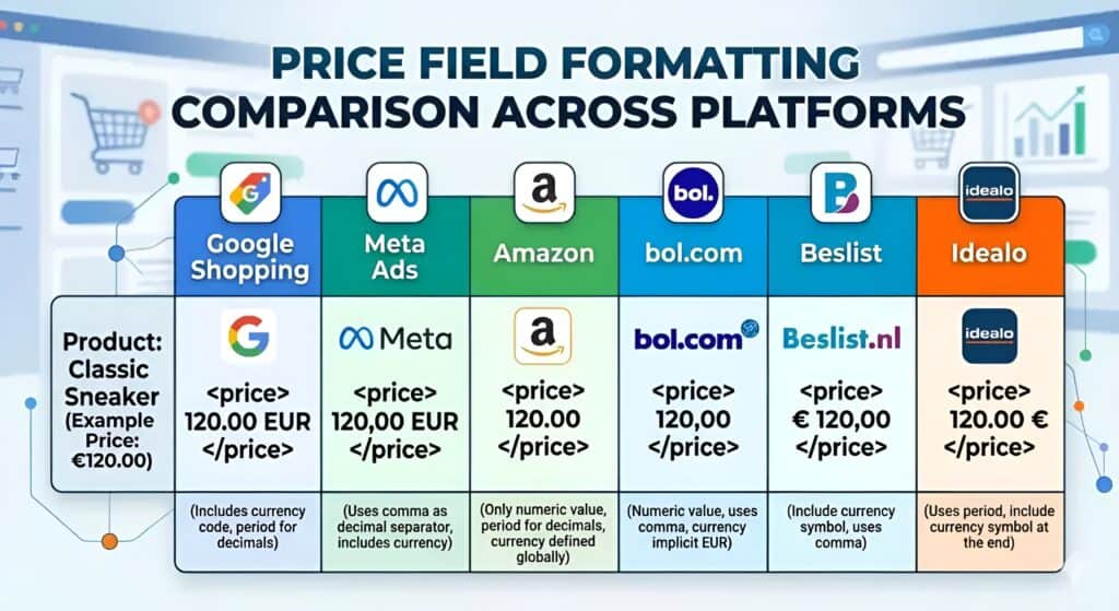 `Vergleichstabelle, die zeigt, wie Produktpreisfelder unterschiedlich über E-Commerce-Plattformen und Marktplätze hinweg formatiert werden müssen, einschließlich Google Shopping, Meta Ads, Amazon, bol.com, Beslist und Idealo. Das Diagramm erklärt Formatierungsregeln für Produktfeed-Preisattribute, XML-Preisstrukturunterschiede, Währungsformatierungsanforderungen, Dezimaltrennzeichen, Marktplatz-Feed-Spezifikationen und plattformübergreifendes Produktdaten-Mapping für Multichannel-E-Commerce-Feed-Management.` 