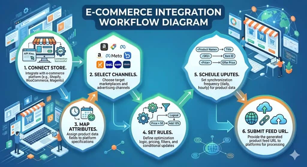 E-Commerce-Integrations-Workflow-Diagramm, das den vollständigen Produktfeed-Management-Prozess für Multichannel-Verkauf zeigt. Die Illustration erklärt, wie Shopify-, WooCommerce- und Magento-Shops sich mit Marktplätzen und Werbekanälen wie Amazon, Meta Ads, bol.com, Google Shopping und Idealo verbinden. Der Workflow umfasst Produktattribut-Mapping, Feed-Optimierungsregeln, Bestandssynchronisationsplanung, Produktdatentransformation, automatisierte Feed-Updates und Feed-URL-Übermittlung für Marktplatzintegration und Produktlistungsautomatisierung.  