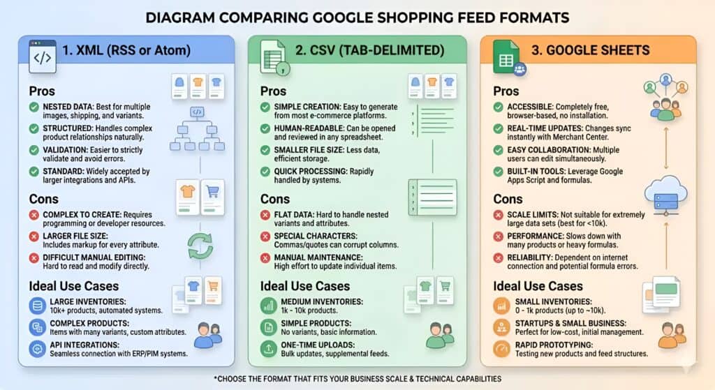Infografik zum Vergleich der Google-Shopping-Feed-Formate: XML, CSV und Google Sheets, inklusive Vor- und Nachteilen sowie idealen Einsatzszenarien für unterschiedliche Shopgrößen und Automatisierungsanforderungen.