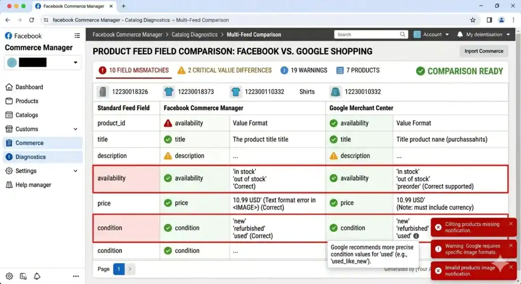 Vergleichstabelle mit den Unterschieden zwischen den Produktfeed-Feldern im Facebook Commerce Manager und im Google Merchant Center, einschließlich Verfügbarkeit, Preisformatierung, Zustandswerten und häufigen Warnungen bei Feed-Abweichungen auf beiden Plattformen.
