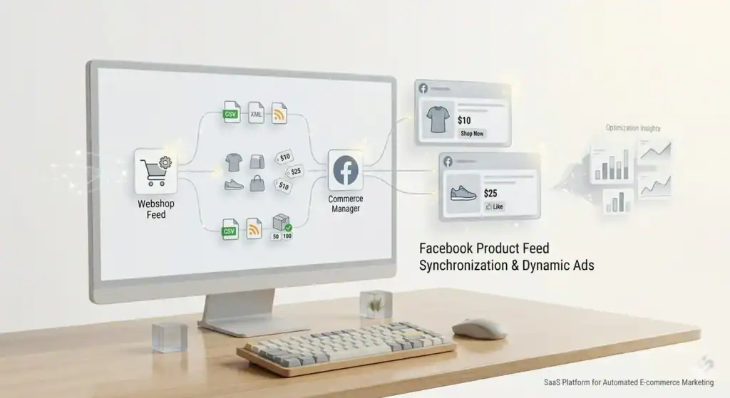 Illustration eines minimalistischen Arbeitsplatzes, die einen Webshop-Produktfeed zeigt, der mit dem Facebook Commerce Manager verbunden ist, mit automatisierter Produktsynchronisierung, dynamischen Facebook-Anzeigen, Preisdaten und E-Commerce-Analysen auf einem sauberen, hellen Hintergrund.
