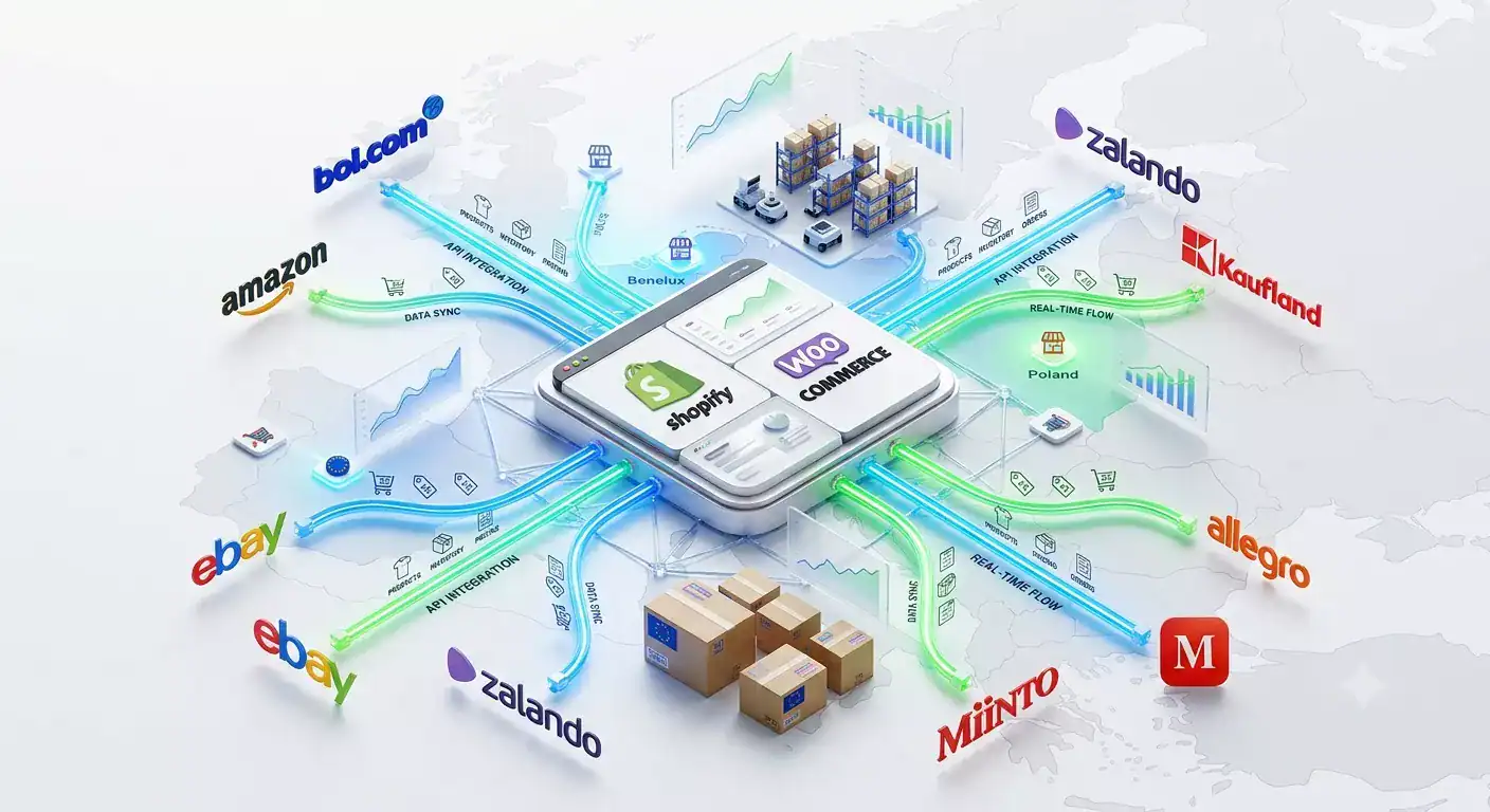 Ausgewählte Illustration, die das Multichannel-E-Commerce-Management mit Amazon, bol.com, Zalando, Kaufland, eBay, Allegro, Miinto, Shopify und WooCommerce zeigt, verbunden durch Echtzeit-Bestandsynchronisierung, Auftragsverwaltung und Marktplatzintegrationen in ganz Europa.