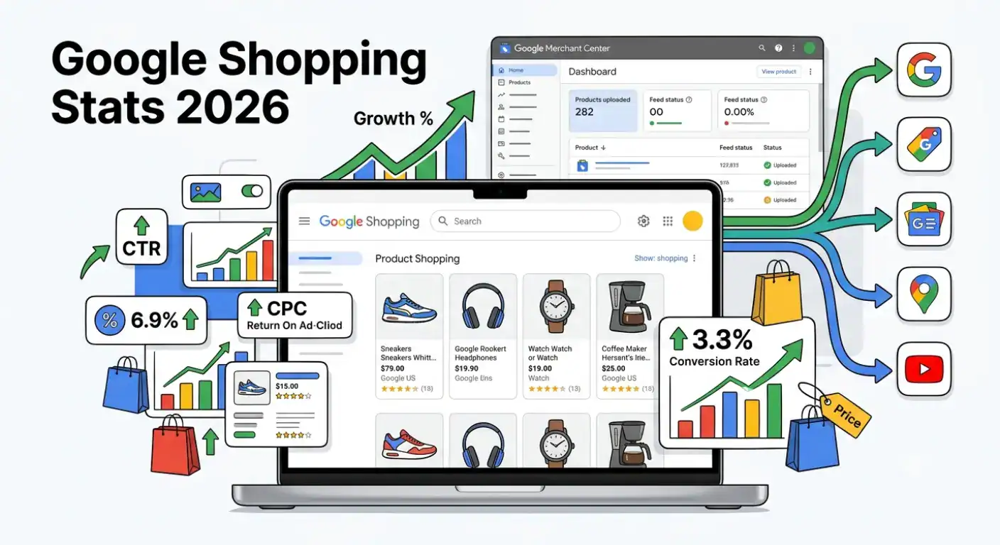 Vorgestellte Illustration für Google Shopping Statistiken 2026, die Google Shopping, Google Merchant Center, E-Commerce-Analyse-Dashboards, Produktfeeds und Leistungsmetriken wie CTR, CPC, ROAS und Konversionsraten zeigt.