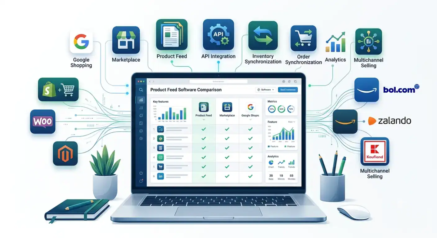 Ausgewählte Illustration, die Produkt-Feed-Management-Software für den E-Commerce vergleicht, mit Multi-Channel-Produkt-Feed-Verteilung, Marktplatz-API-Integration, Bestellsynchronisierung, Bestandsabgleich und Verbindungen zwischen Shopify, WooCommerce, Google Shopping, Amazon, bol.com, Zalando und anderen europäischen Vertriebskanälen, um Händlern bei der Auswahl der besten Produkt-Feed-Software zu helfen.