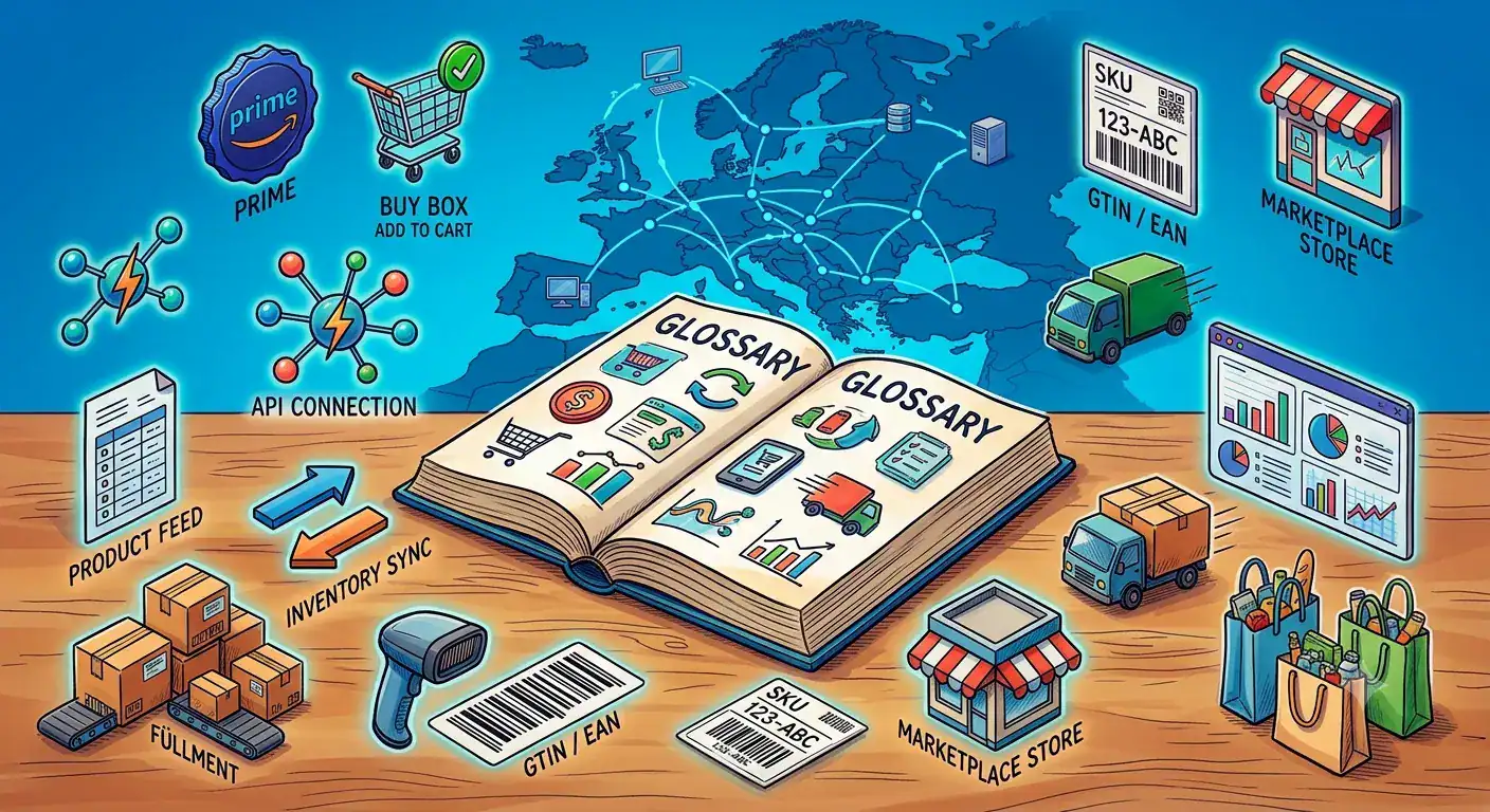 Illustration des Marktplatz-Glossars mit Konzepten wie Amazon Prime, Buy Box, API-Verbindung, Produkt-Feed, Bestands-Synchronisierung, SKU, GTIN/EAN, Fulfillment, Marktplatz-Shop und europäischer E-Commerce-Integration.
