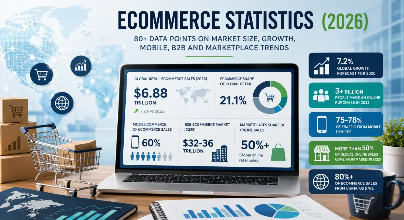 Hervorgehobene Illustration, die zentrale E-Commerce-Statistiken für 2026 zusammenfasst – darunter globale E-Commerce-Marktgröße, Wachstum der Einzelhandelsumsätze, Mobile Commerce, B2B-E-Commerce, Online-Marketplace-Trends und europäische E-Commerce-Insights. Die Infografik hebt wichtige Branchendaten, Marktprognosen und Trends im digitalen Handel für Online-Händler und E-Commerce-Unternehmen hervor.