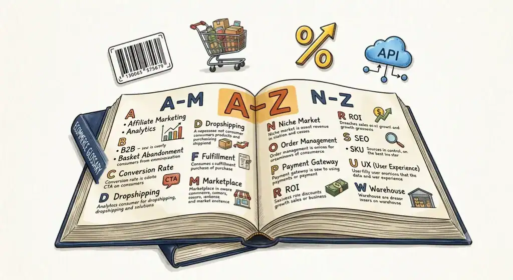 Illustration eines E-Commerce-Glossars mit A–Z-Begriffen, einschließlich Produkt-Feeds, Marktplätzen, API, Analysen, Fulfillment und E-Commerce-Terminologie.